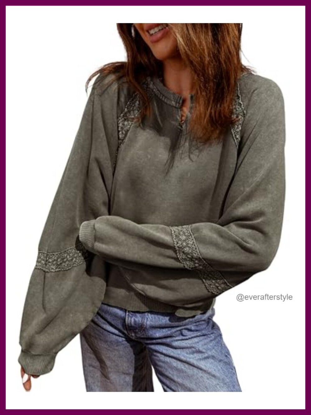 Cropped Lace Sweatshirt Long Sleeve V-Neck Vintage Style Cotton Pullover